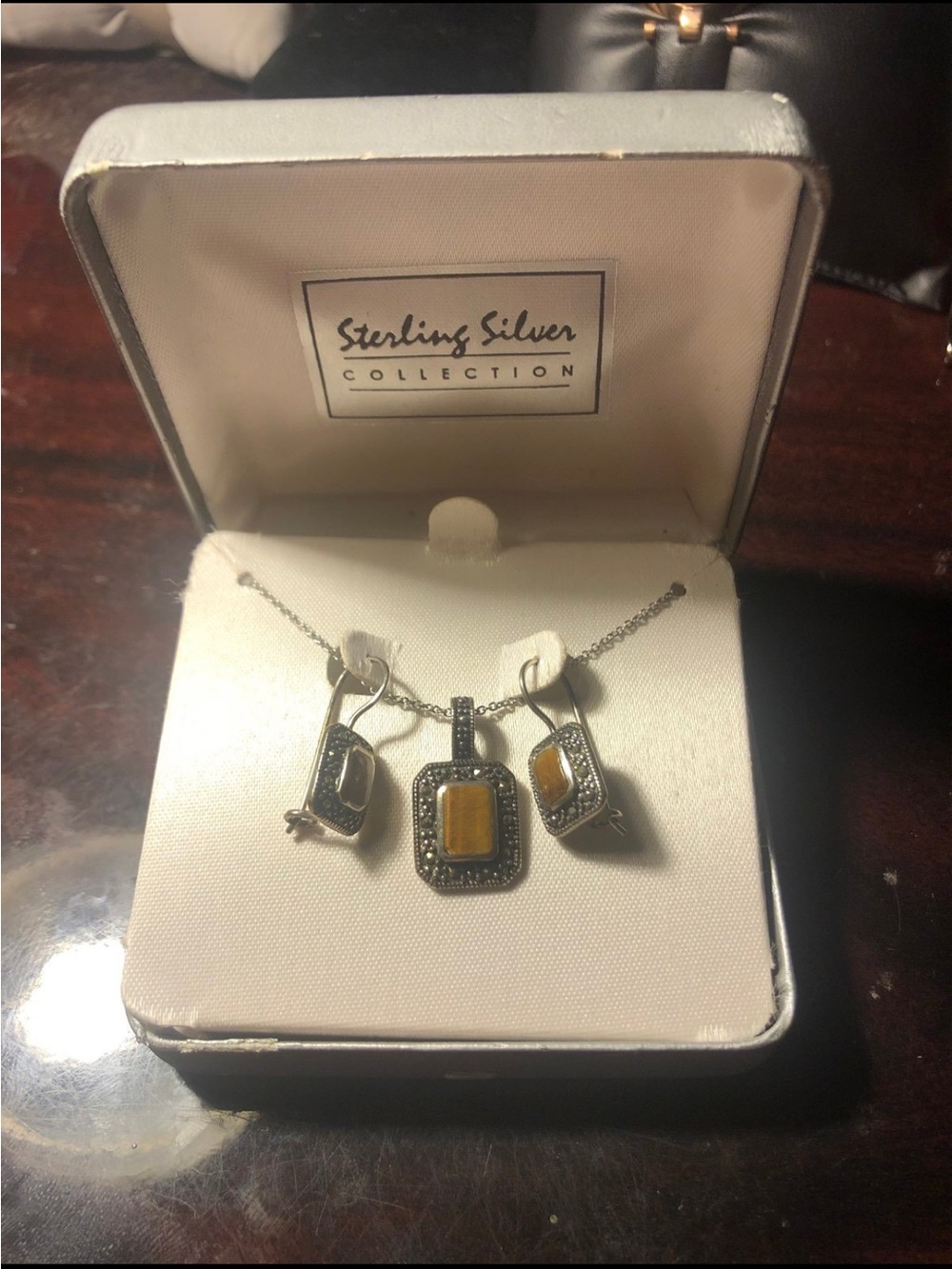 Sterling Silver Amber-Tone Stone Necklace & Earring Set